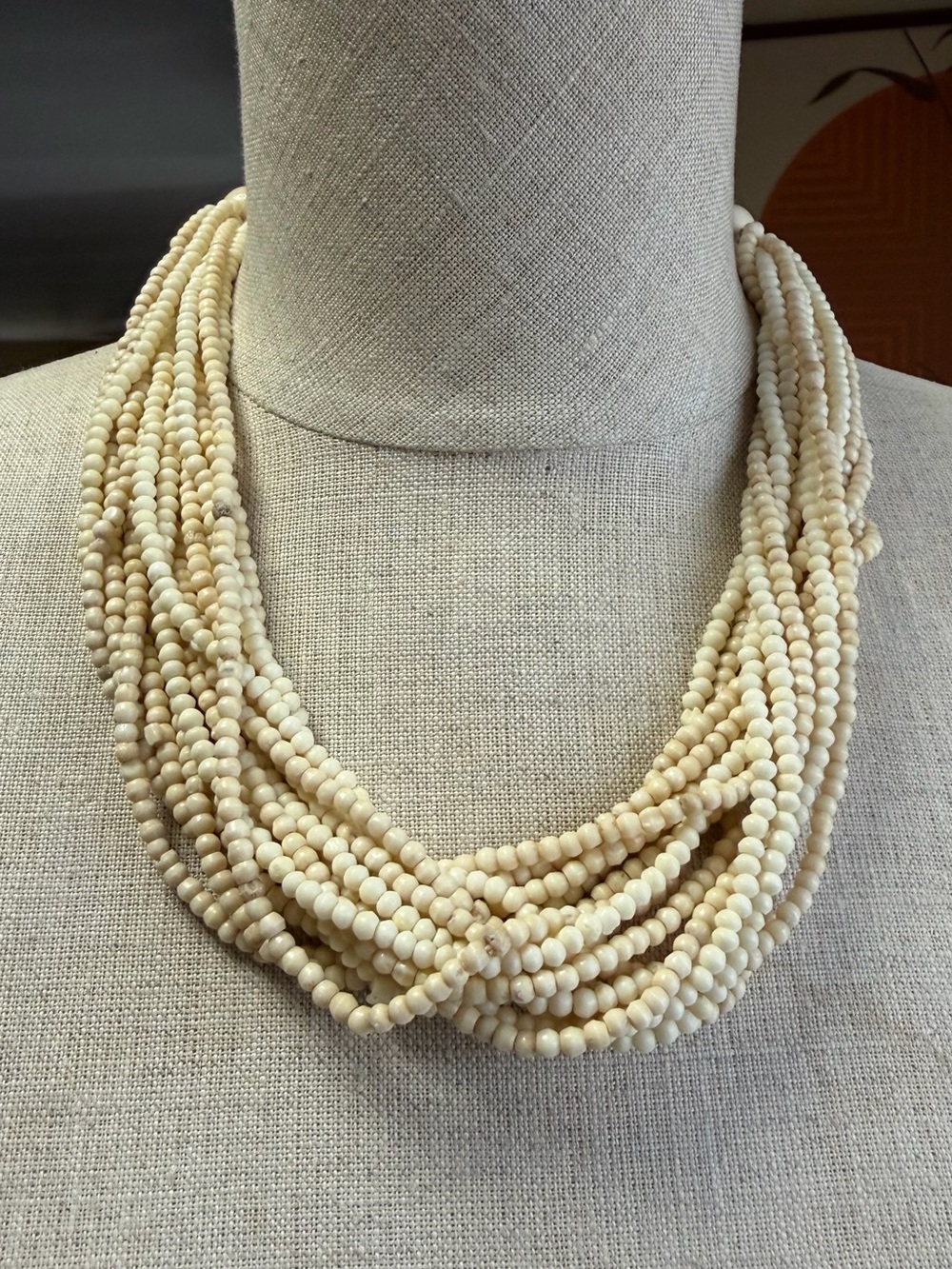 Vintage Multi-Strand Bone Seed Bead Statement Necklace | Cream Boho Torsade